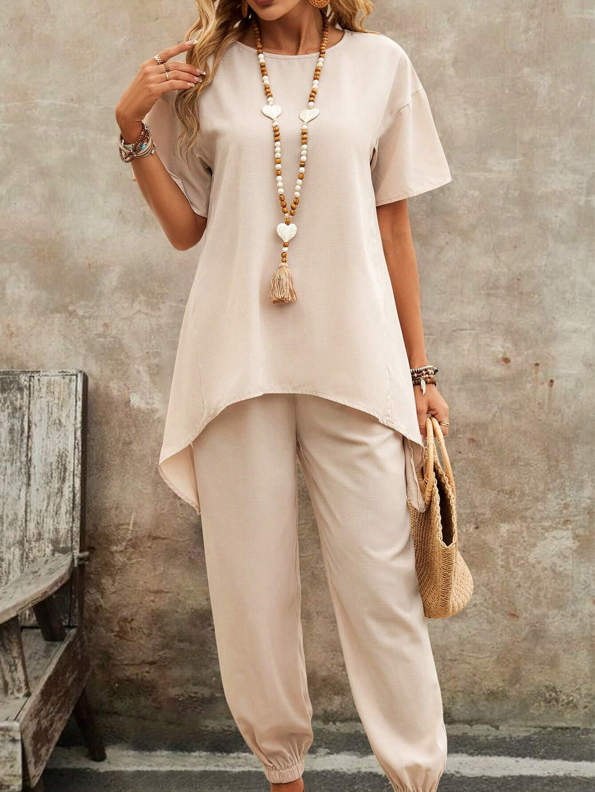 EMERY ROSE Solid Color Round Neck Irregular Hem Top + Long Pants Two Piece Set