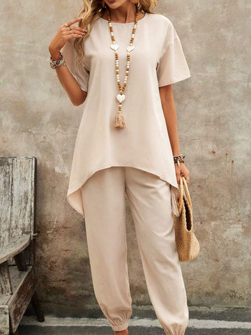 EMERY ROSE Solid Color Round Neck Irregular Hem Top + Long Pants Two Piece Set