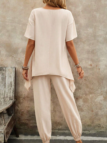 EMERY ROSE Solid Color Round Neck Irregular Hem Top + Long Pants Two Piece Set