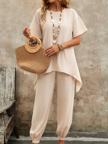 EMERY ROSE Solid Color Round Neck Irregular Hem Top + Long Pants Two Piece Set