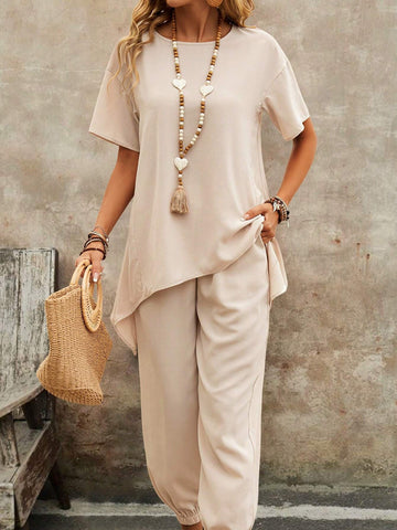 EMERY ROSE Solid Color Round Neck Irregular Hem Top + Long Pants Two Piece Set