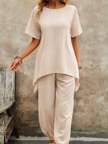 EMERY ROSE Solid Color Round Neck Irregular Hem Top + Long Pants Two Piece Set