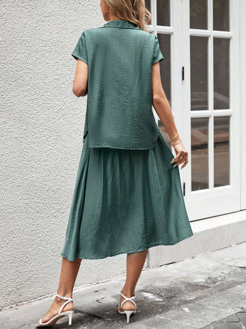 EMERY ROSE Solid Color Shirt And A-Line Skirt Commute Set