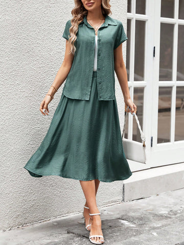 EMERY ROSE Solid Color Shirt And A-Line Skirt Commute Set