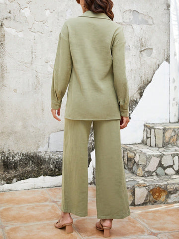 EMERY ROSE Solid Colored Long-Sleeve Shirt And Pants Set