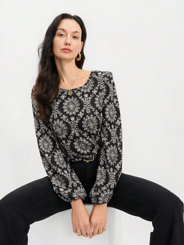 EMERY ROSE Spring/Summer Ladies' Silhouette Print ,Black And White Printed Long-Sleeve Top,Casual Shirt