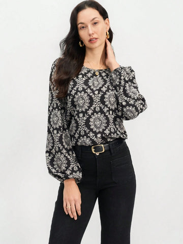 EMERY ROSE Spring/Summer Ladies' Silhouette Print ,Black And White Printed Long-Sleeve Top,Casual Shirt