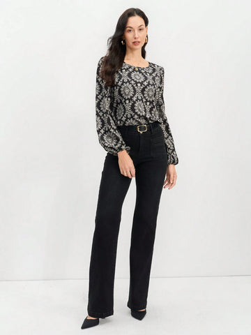 EMERY ROSE Spring/Summer Ladies' Silhouette Print ,Black And White Printed Long-Sleeve Top,Casual Shirt