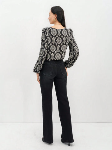 EMERY ROSE Spring/Summer Ladies' Silhouette Print ,Black And White Printed Long-Sleeve Top,Casual Shirt