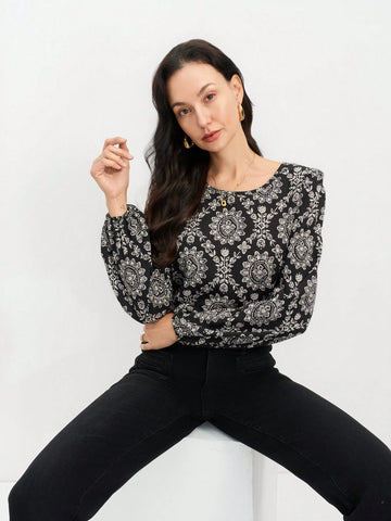 EMERY ROSE Spring/Summer Ladies' Silhouette Print ,Black And White Printed Long-Sleeve Top,Casual Shirt