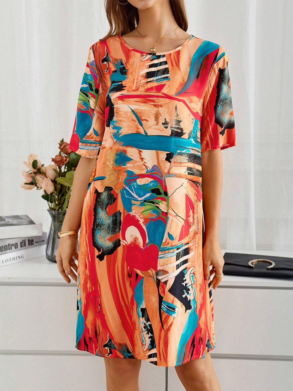 EMERY ROSE Summer Clothing Spring Knee-Length Short Sleeve Round Neck Multicolor Abstract Pattern Dress