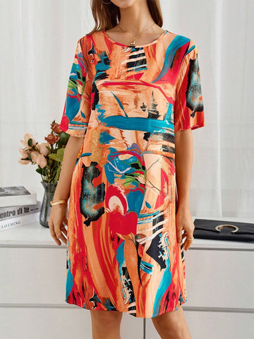 EMERY ROSE Summer Clothing Spring Knee-Length Short Sleeve Round Neck Multicolor Abstract Pattern Dress