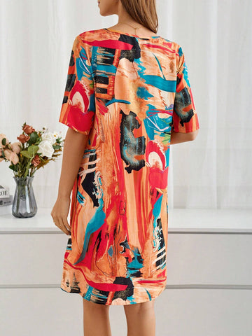 EMERY ROSE Summer Clothing Spring Knee-Length Short Sleeve Round Neck Multicolor Abstract Pattern Dress