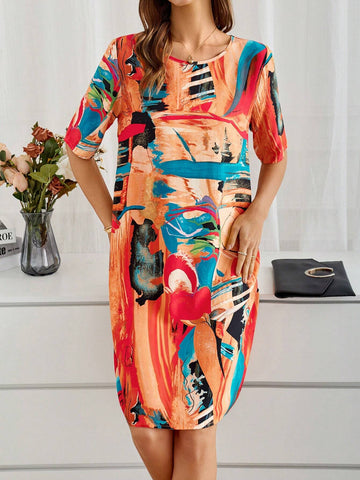 EMERY ROSE Summer Clothing Spring Knee-Length Short Sleeve Round Neck Multicolor Abstract Pattern Dress