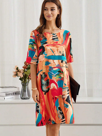 EMERY ROSE Summer Clothing Spring Knee-Length Short Sleeve Round Neck Multicolor Abstract Pattern Dress