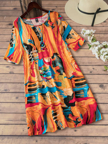 EMERY ROSE Summer Clothing Spring Knee-Length Short Sleeve Round Neck Multicolor Abstract Pattern Dress