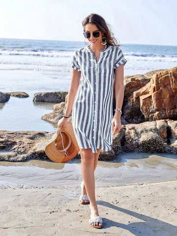 EMERY ROSE Summer Countryside Casual Short Sleeve V-Neck Knee-Length Striped Button-Up Dress