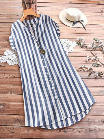 EMERY ROSE Summer Countryside Casual Short Sleeve V-Neck Knee-Length Striped Button-Up Dress