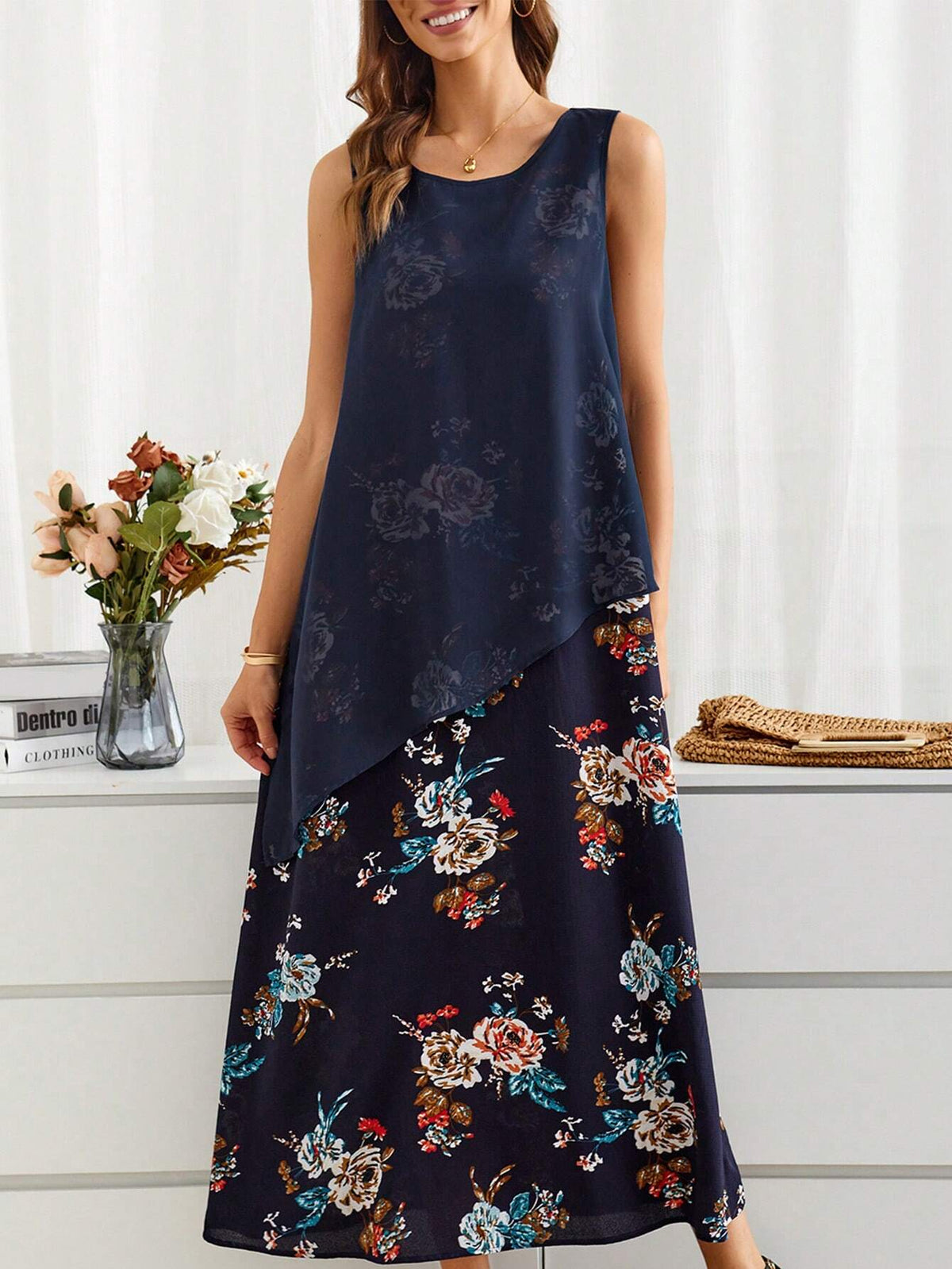 EMERY ROSE Summer Countryside Style Casual Floral Printed Chiffon Sleeveless Dress Women's Faux Two-Piece Design