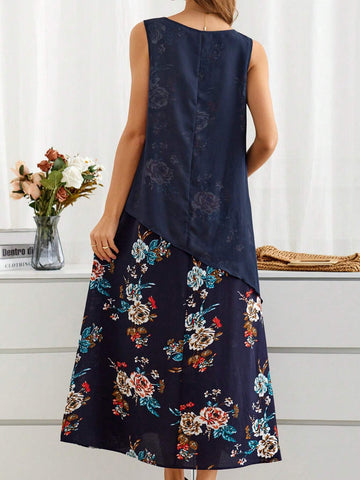 EMERY ROSE Summer Countryside Style Casual Floral Printed Chiffon Sleeveless Dress Women's Faux Two-Piece Design
