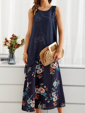 EMERY ROSE Summer Countryside Style Casual Floral Printed Chiffon Sleeveless Dress Women's Faux Two-Piece Design
