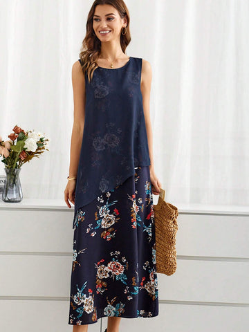 EMERY ROSE Summer Countryside Style Casual Floral Printed Chiffon Sleeveless Dress Women's Faux Two-Piece Design
