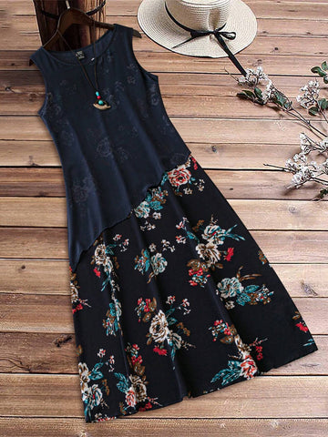 EMERY ROSE Summer Countryside Style Casual Floral Printed Chiffon Sleeveless Dress Women's Faux Two-Piece Design