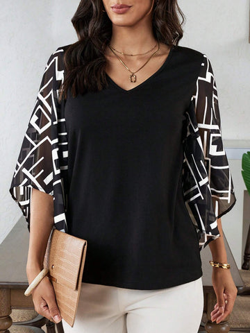 EMERY ROSE Summer Geometric Pattern Chiffon Women's Blouse