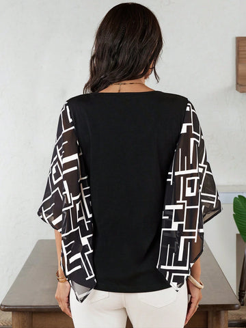 EMERY ROSE Summer Geometric Pattern Chiffon Women's Blouse