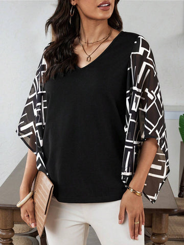 EMERY ROSE Summer Geometric Pattern Chiffon Women's Blouse