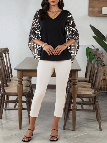 EMERY ROSE Summer Geometric Pattern Chiffon Women's Blouse