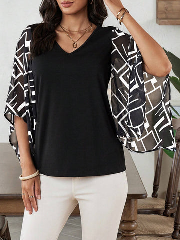 EMERY ROSE Summer Geometric Pattern Chiffon Women's Blouse