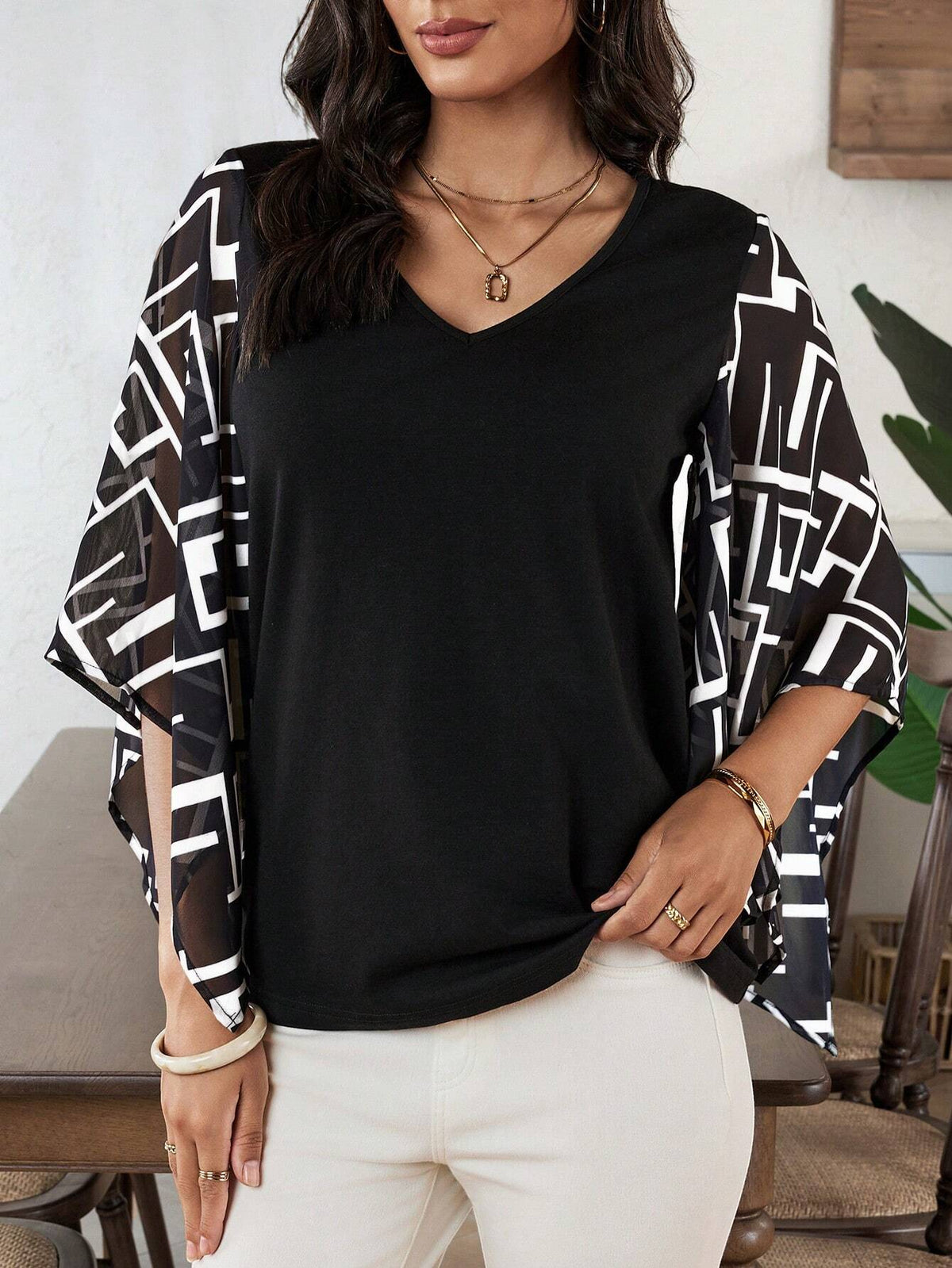 EMERY ROSE Summer Geometric Pattern Chiffon Women's Blouse