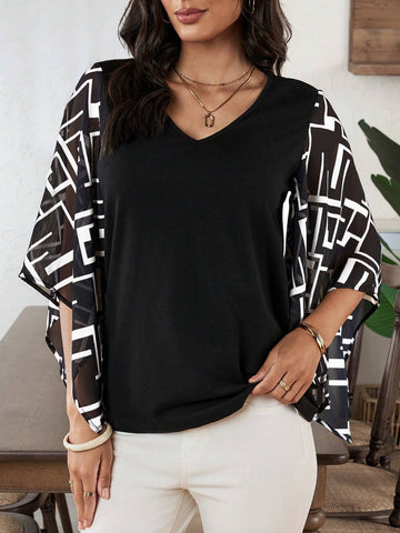 EMERY ROSE Summer Geometric Pattern Chiffon Women's Blouse