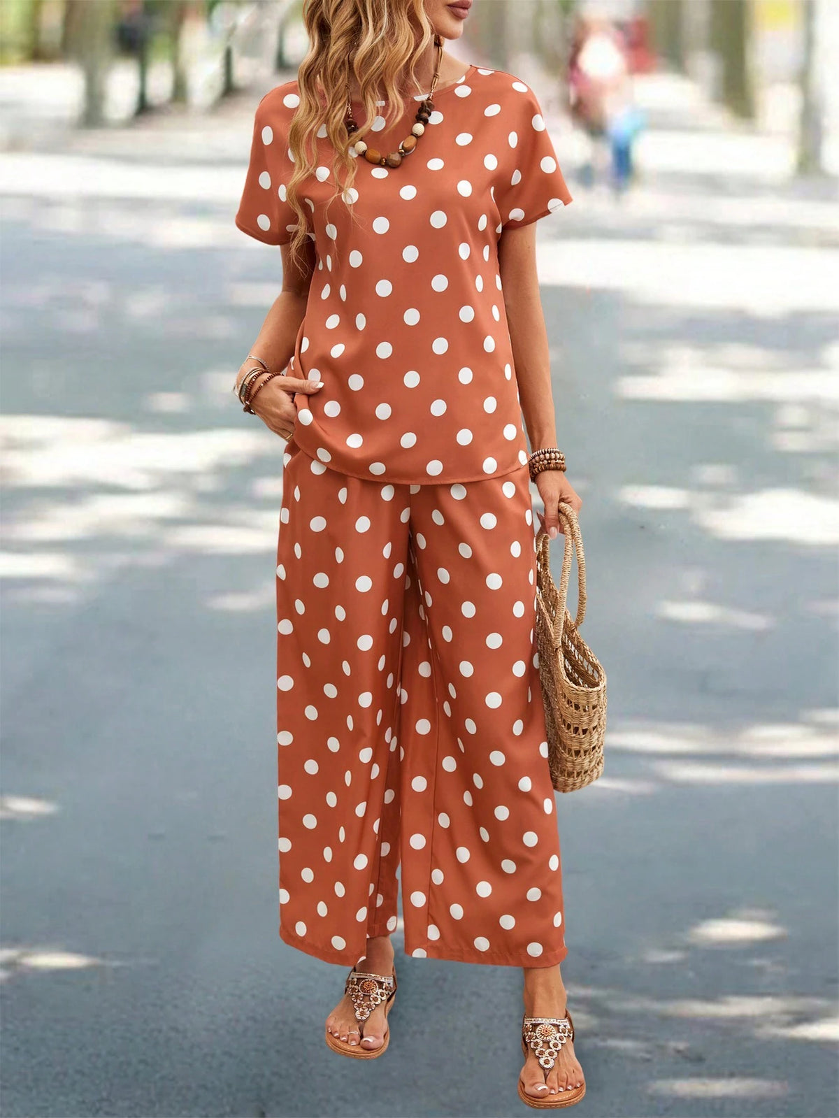 EMERY ROSE Summer Polka Dot Print Round Neck Short-Sleeved Top And Long Pants Set