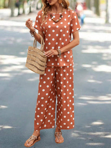 EMERY ROSE Summer Polka Dot Print Round Neck Short-Sleeved Top And Long Pants Set