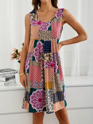 EMERY ROSE Summer Rural Vacation Floral Print Sleeveless Women's Dress With Country Style