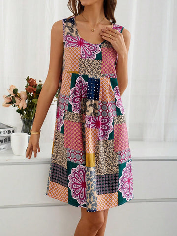EMERY ROSE Summer Rural Vacation Floral Print Sleeveless Women's Dress With Country Style