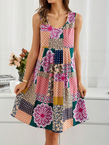EMERY ROSE Summer Rural Vacation Floral Print Sleeveless Women's Dress With Country Style