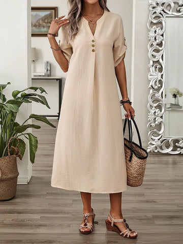 EMERY ROSE Summer Short Sleeve Half-Placket Dress With Crinkled Texture And Button Detail