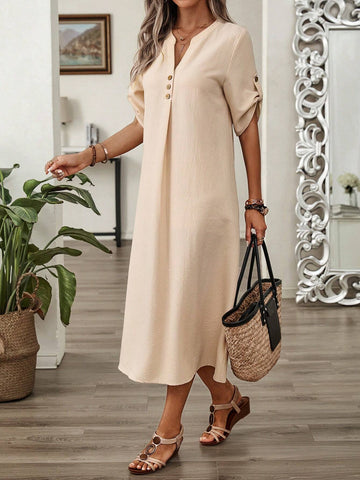 EMERY ROSE Summer Short Sleeve Half-Placket Dress With Crinkled Texture And Button Detail