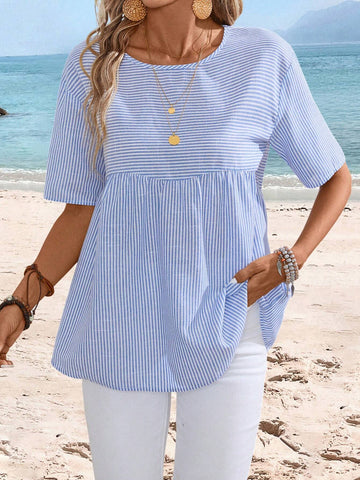 EMERY ROSE Summer Striped Doll Top, Bohemian Style Women's Shirt Perfect For Outings