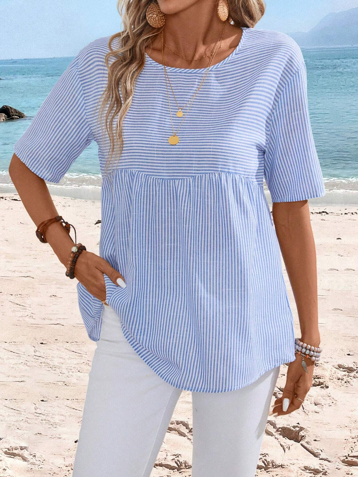 EMERY ROSE Summer Striped Doll Top, Bohemian Style Women's Shirt Perfect For Outings