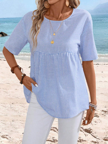 EMERY ROSE Summer Striped Doll Top, Bohemian Style Women's Shirt Perfect For Outings