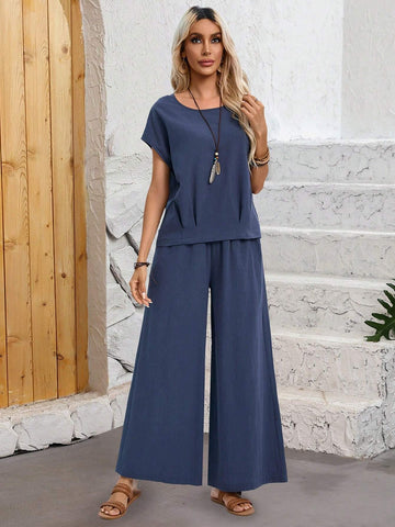 EMERY ROSE Summer Vacation Casual Solid Color Batwing Sleeve Shirt And Wide Leg Pants Combination