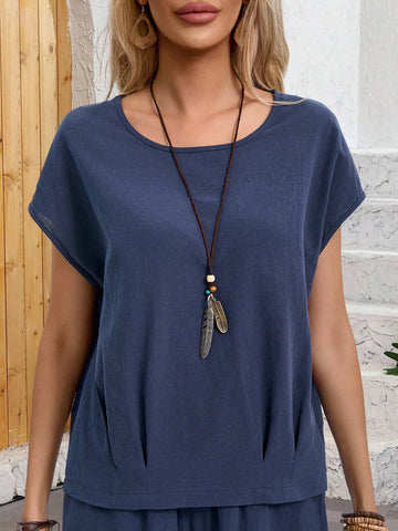 EMERY ROSE Summer Vacation Casual Solid Color Batwing Sleeve Shirt And Wide Leg Pants Combination