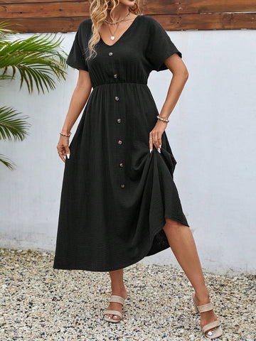 EMERY ROSE Summer Women's Linen Button Decoration V-Neck Dress