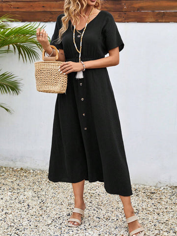 EMERY ROSE Summer Women's Linen Button Decoration V-Neck Dress