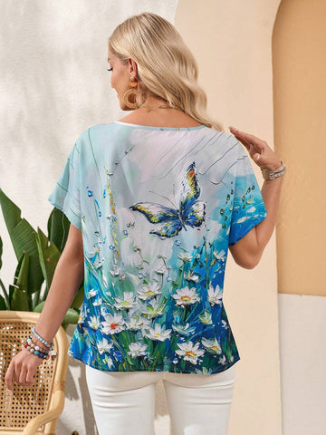 EMERY ROSE Summer Women's Printed Oil Painting Chrysanthemum Butterfly Shirt