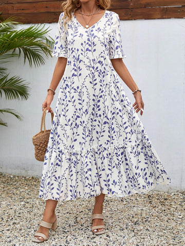 EMERY ROSE Summer Women's V-Neck Printed Dress